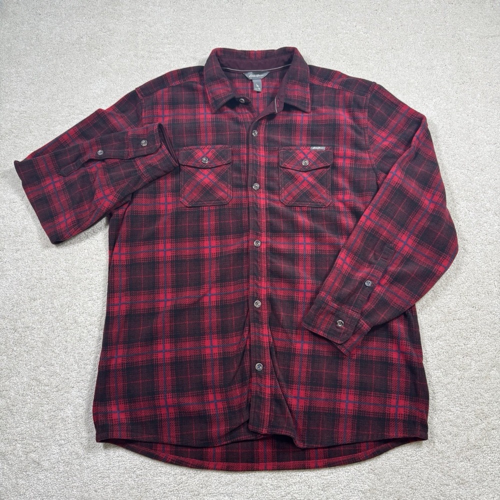 Eddie Bauer Fleece Button Down Flannel Men's TXL Tall Plaid Red Front Pockets - Picture 2 of 7